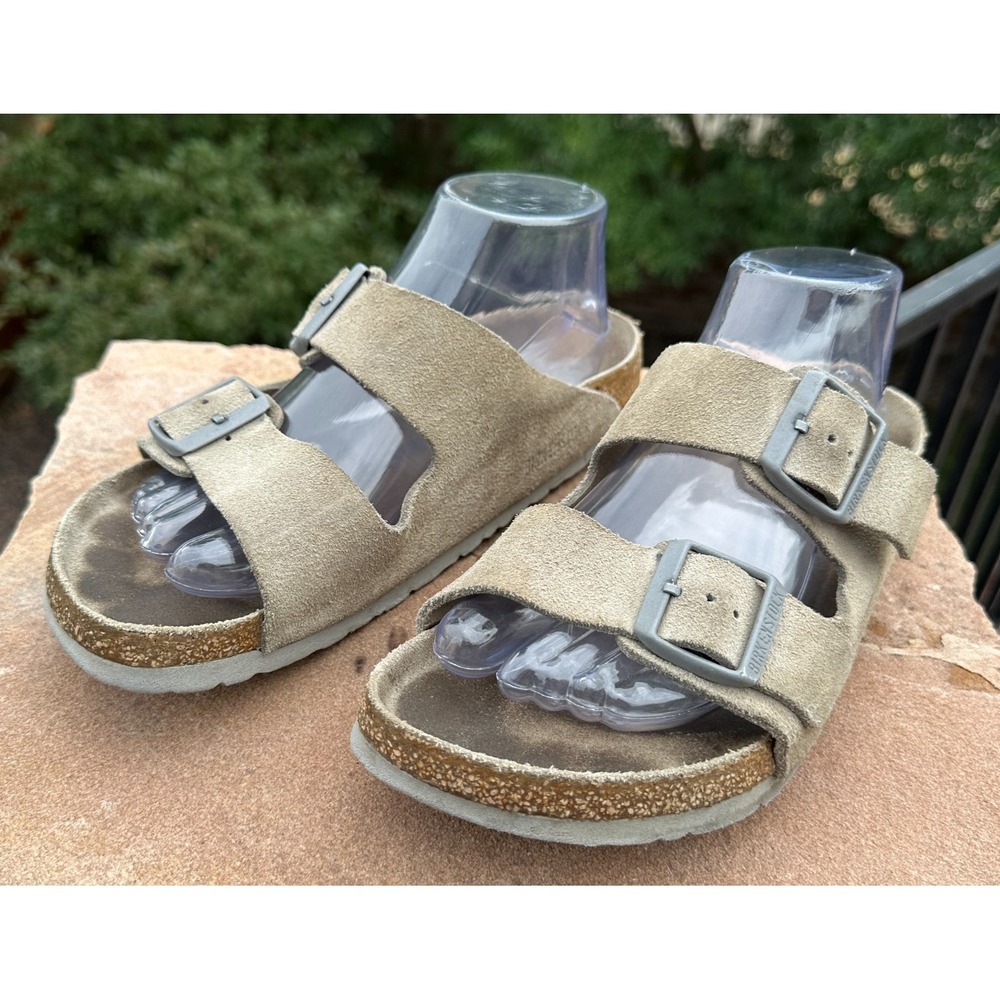 Birkenstock Arizona Sandals 41 Taupe Suede Men Slide Cork Footbed Comfort Buckle